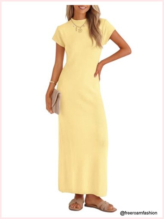 Dresses & Skirts - Bodycon Maxi Dress Business Casual Short Sleeve Crewneck Knit Slit Spring
